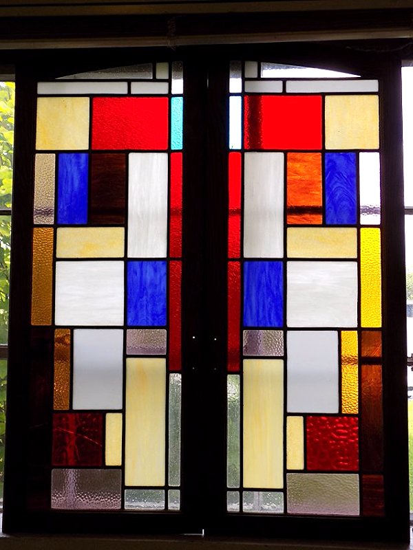 ARCHED TOP MODERNIST LEADED GLASS DOORS (1 of 4)