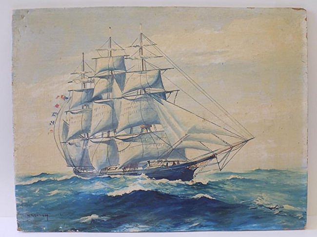 W.F. COLLUM - AMERICAN SAILING SCHOONER PAINTING W.F.: W.F. Collum American 20th Century - Folk art painting of an Sailing schooner across choppy seas. Signed lower left. Oil on artist board. Old Massachusetts store label rear. 10" x 13"