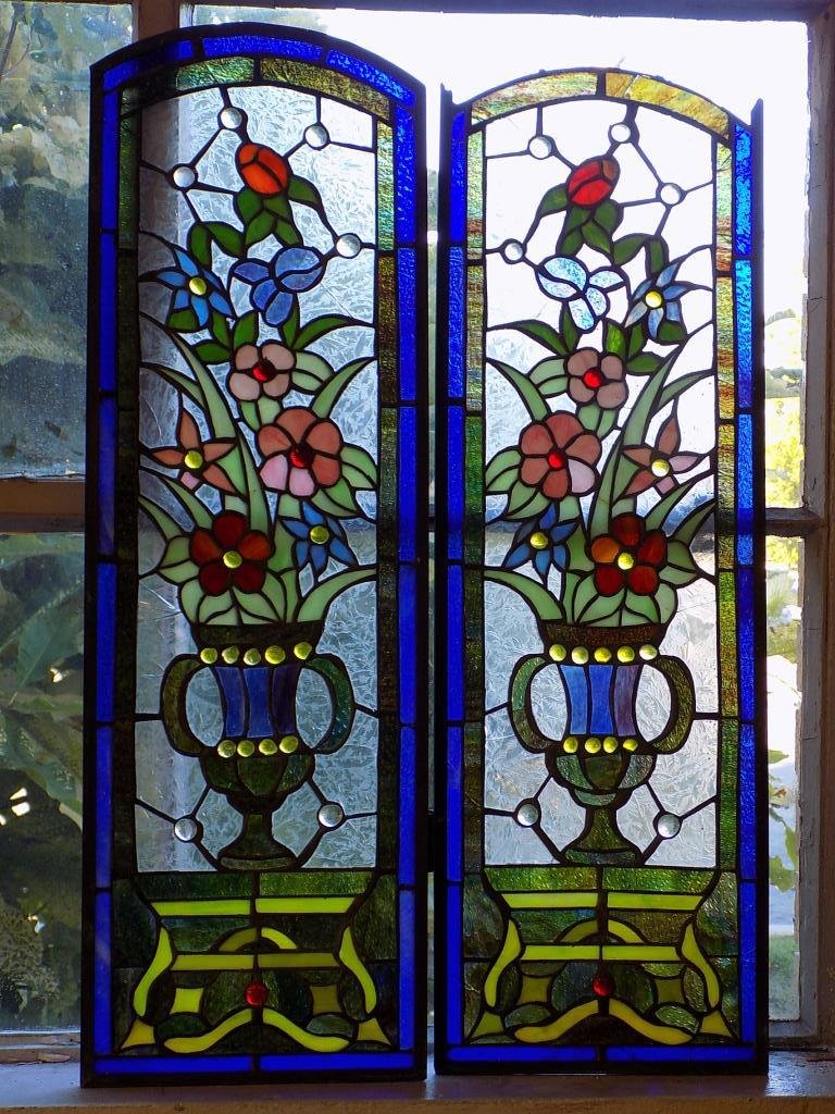 PAIR VASED FLOWERS LEADED GLASS WINDOWS Pair Leaded (1 of 2)