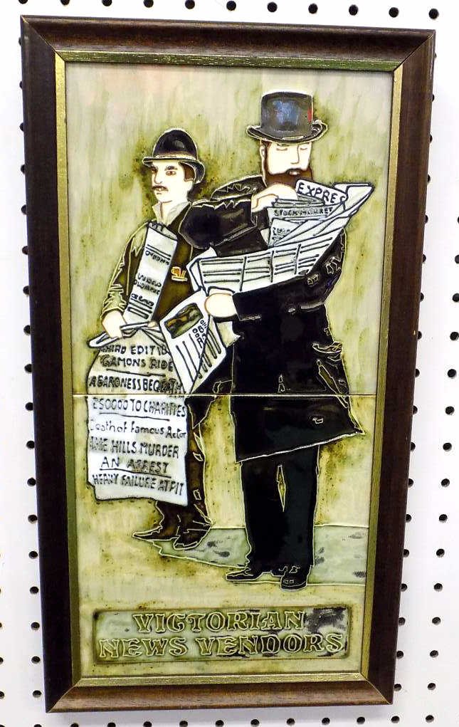 VICTORIAN NEWS VENDORS MAJOLICA TILES Framed English (1 of 4)