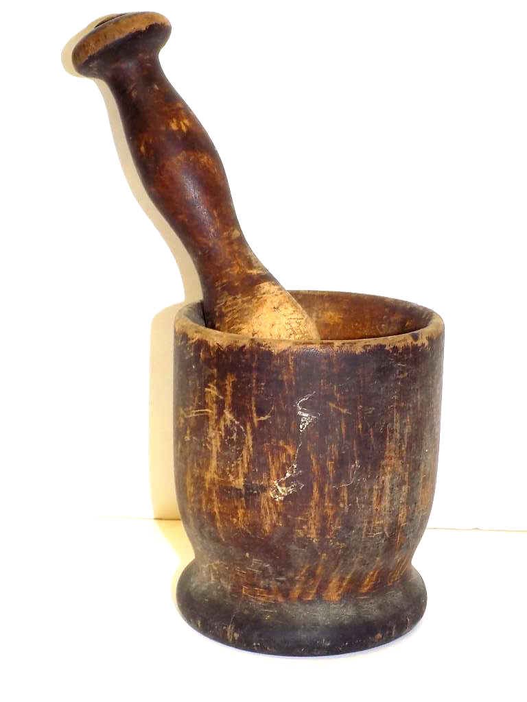 PRIMITIVE CARVED PINE MORTAR & PESTLE SET Rare 18th / (1 of 2)