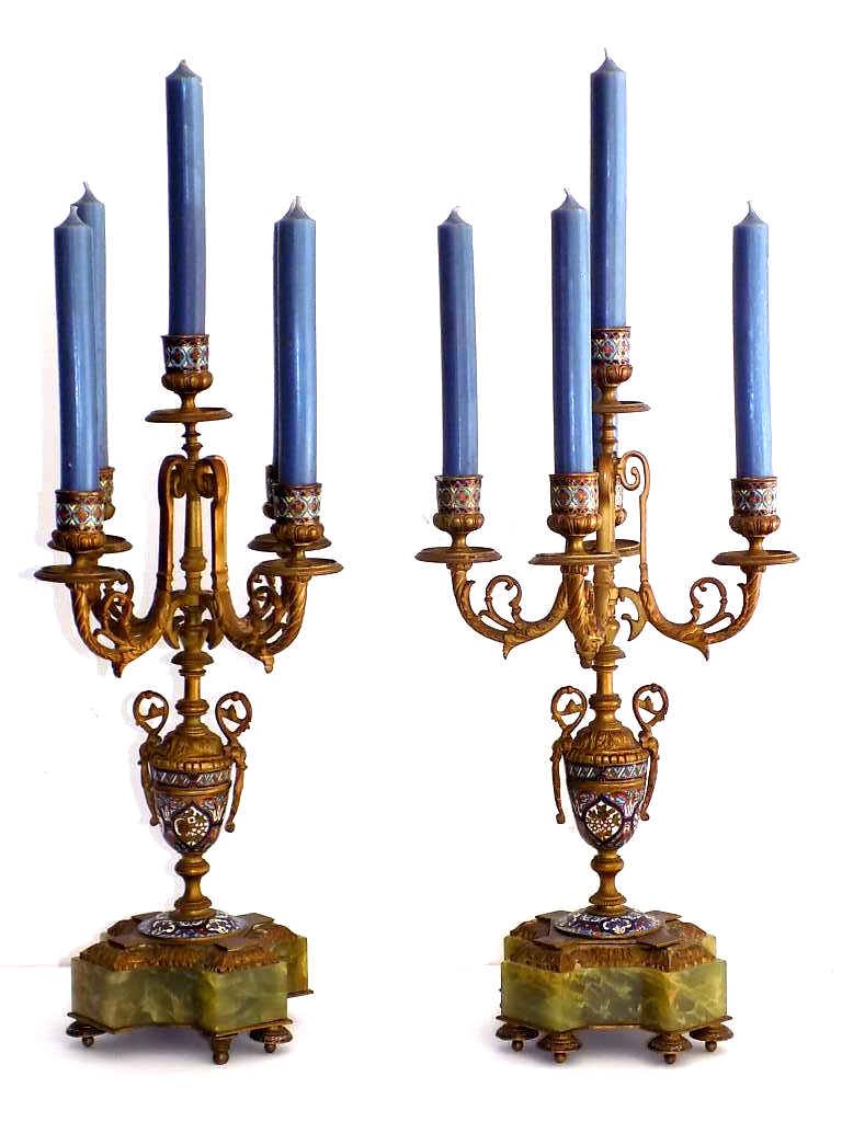 FRENCH BRONZE CHAMPLEVE ONYX CANDLABRAS 19th Century (1 of 9)
