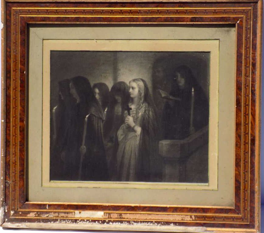 EDUARD GIRADET - RELIGIOUS MONASTERY ENGRAVING 19th: 19th Century Eduard Giradet Religious steel engraving of nuns in a monastery. 11 1/2" x 15". 20 1/2" x 23" Framed.
