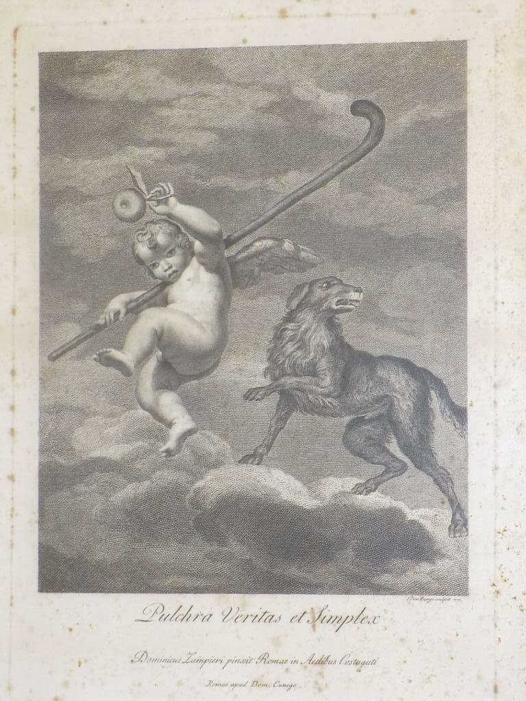 DOM CUNEGO 1777 MYTHOLOGIC ETCHING Aedibus Costaguti: Aedibus Costaguti 1777 etching by Dom Cunego entitled Pulchra Veritas et Simplex. Mythologic scene depicting a putti holding cane and fruit along sie a dog in the clouds. 14" x 18".