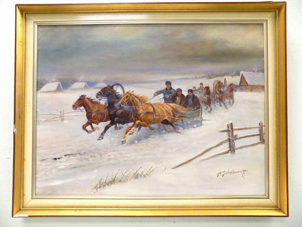SCHELOUMOTT - RUSSIAN SLEIGH RACE PAINTING A. (1 of 5)