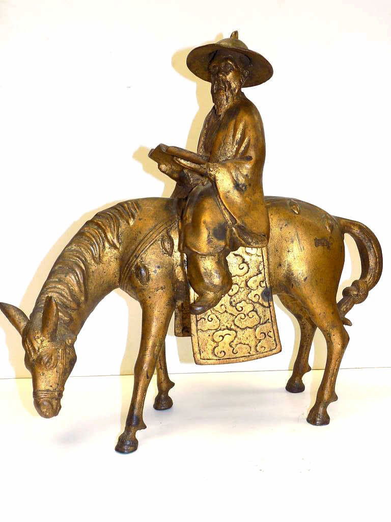 CHINESE GILT BRONZED SCHOLAR ON HORSE SCULPTURE Antique (1 of 6)