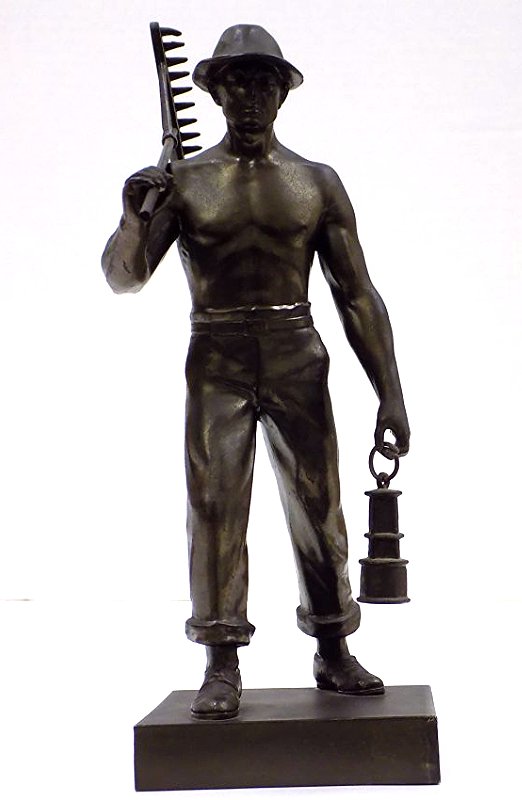 WPA ERA BRONZED RAILROAD WORKER: Circa 1930's Bronzed sculpture of a WPA era Railroad worker. Semi nude holding work rake & lantern. H 10 1/4"