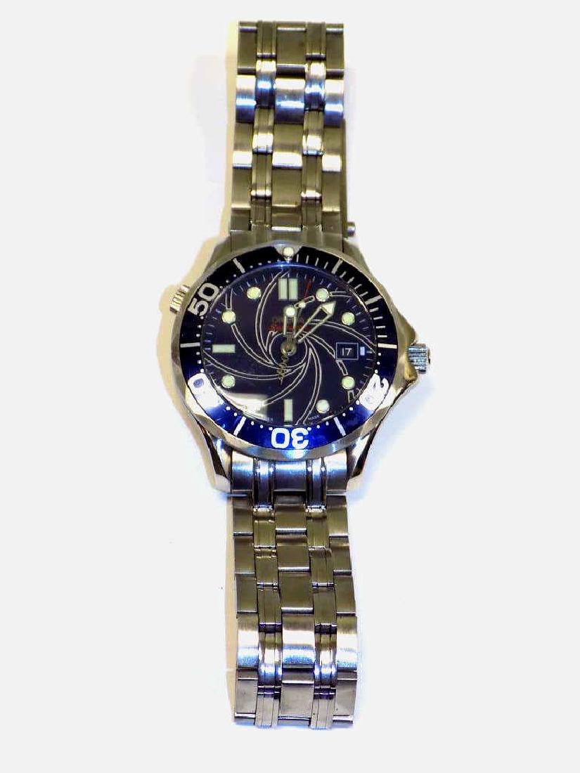 OMEGA SEAMASTER 007 JAMES BOND WRISTWATCH Omega: Omega Seamaster Professional 007 40 Years of James Bond Limited Series Men's Stainless Steel wristwatch. Serial Number 09309/0333. Blue dial, glow in the dark dot markers. 007 Second hand with gun. Co