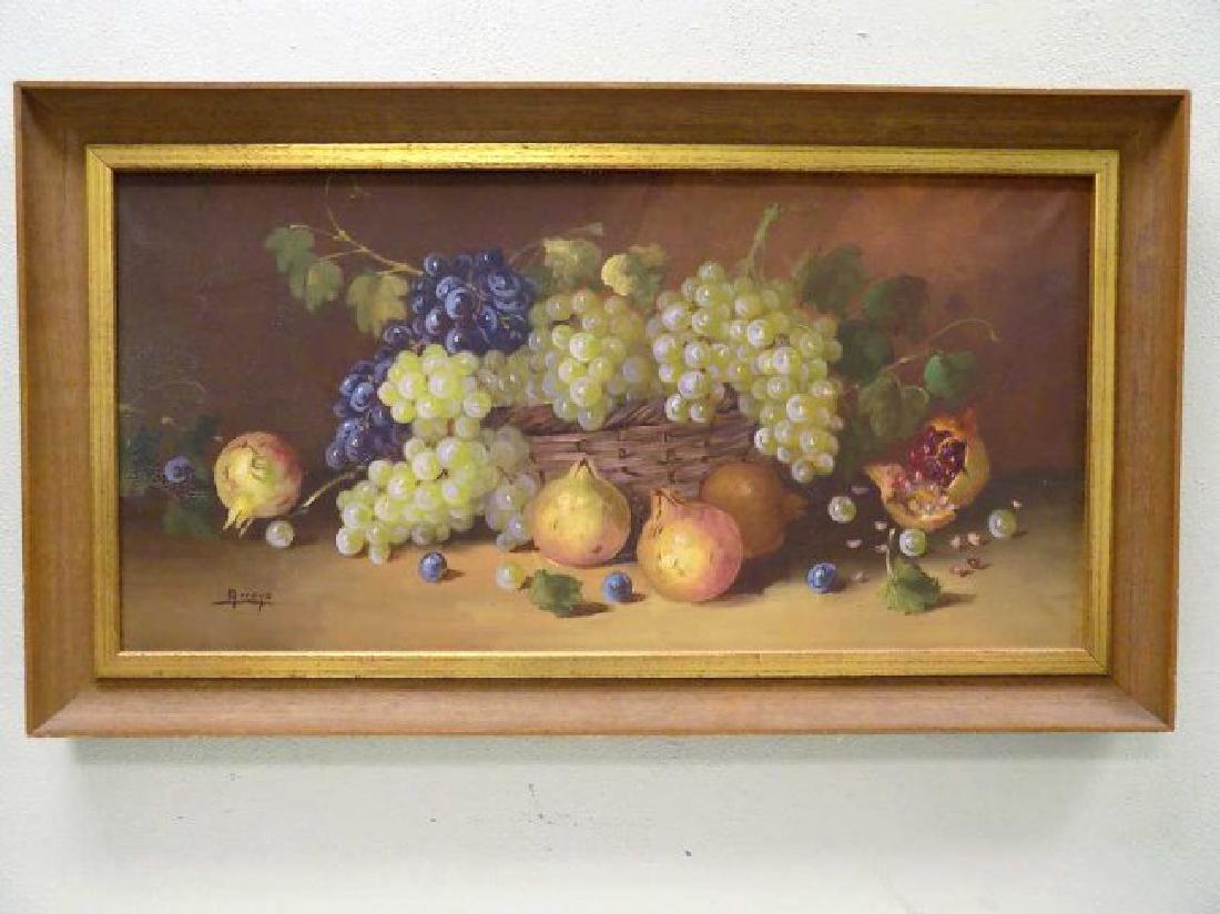 ARROYO - FRUIT BASKET STILL LIFE PAINTING Arroyo - Mid: Arroyo - Mid 20th Century - Fruit basket still life painting with grapes and mangos. Oil on canvas. Signed lower left. 16" x 32". 20" x 35 1/2" gilt bordered teak frame.