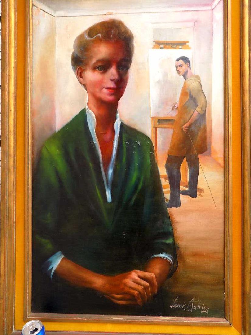 FRANK NELSON ASHLEY - ARTIST STUDIO PAINTING: Frank Nelson Ashley American 1920-2007 - Realist painting of a Lady being painted by the artist in his studio. Oil on masonite. Signed lower right. Artist work has been exhibited in many venues includ
