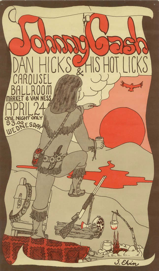 Johnny Cash San Francisco 1960's Concert Poster: Johnny Cash, Dan Hicks and His Hot Licks Concert at the Carousel Ballroom on Market and Van Ness. Poster depicts a mountain man image with setting sun and campfire in shades of browns and orange. Meas