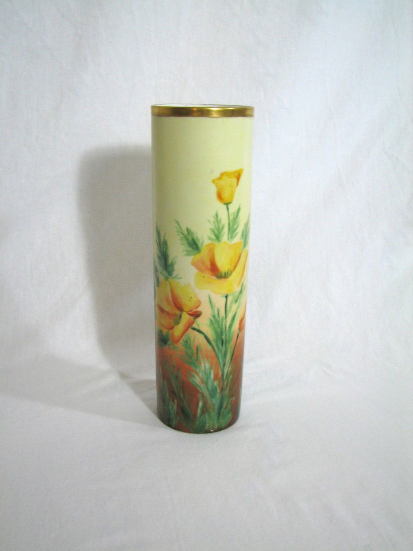 Austrian Bohemian Poppies Vase: Austrian Bohemian hand painted Poppy flowers vase. Moritz ZdeKauer, MZ Austria, marking. Hand-painted golden poppies with antique gold overlay rimming a 3¼" opening. Cylindrical vase, 11" tall. Black
