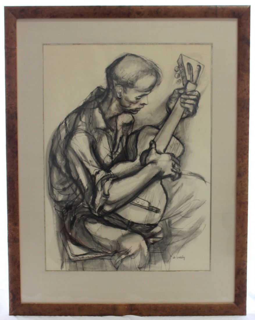 Guitar Player Charcoal Francis De Erdely: Charcoal by Francis De Erdely, (1904 - 1959), a principal of the West Coast Modernist School. Emotional portrayal of a man playing a guitar. Signed in the lower right. Burl wood frame. From a non smok