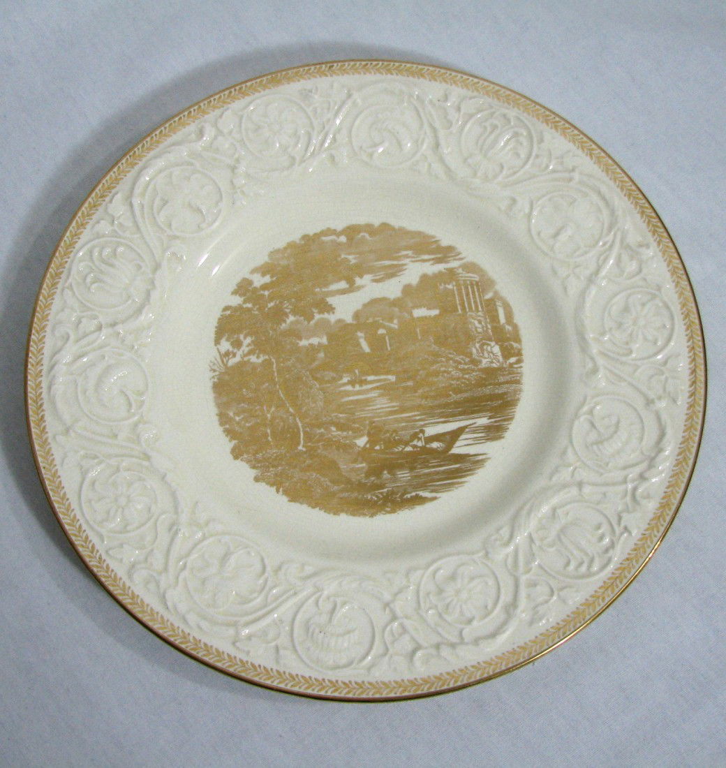 Set of 12 Wedgwood Patrician Plates: Fantastic vintage set of 12 dinner plates. Made by Wedgwood in the Patrician pattern. Blacklight tested: no chips, no cracks, and no repairs. No significiant signs of wear. Embossed rim pattern, gold