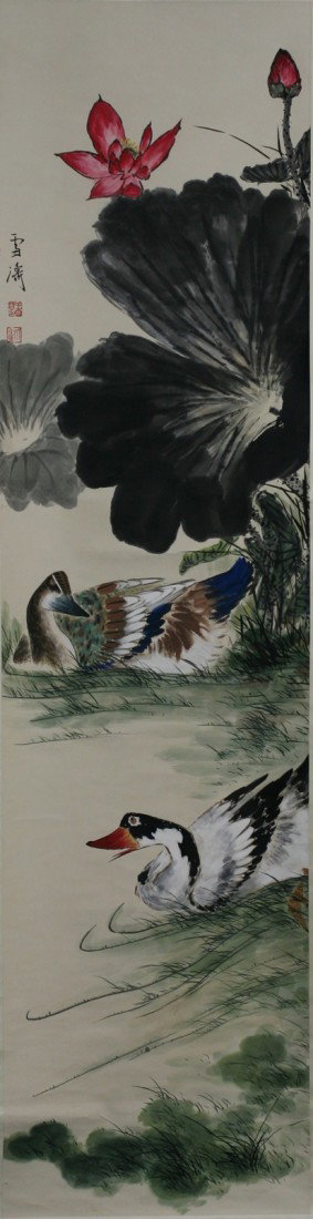 PAINTING SCROLL OF FLOWERS AND BIRDS: Attributed to Wang Xuetao(1903 - 1982). 58"x18"