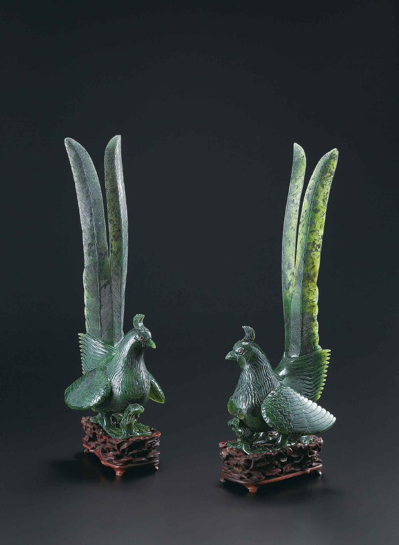 A Pair Of SpinachGreen Jade Peacocks,Qing Dynasty