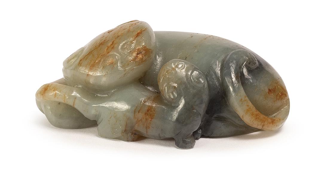 A CARVED WHITE JADE DOUBLE BADGERS, MING DYNASTY (1 of 6)