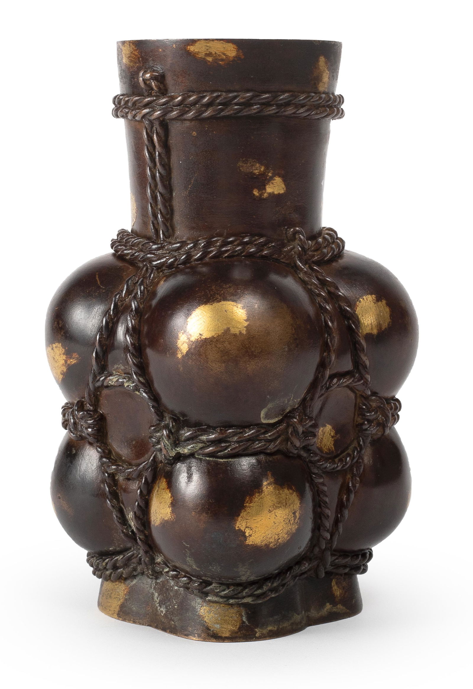 A GOLD SPLASHED BRONZE INCENSE VASE WITH ROPE PATTERN, QING DYNASTY (1 of 9)