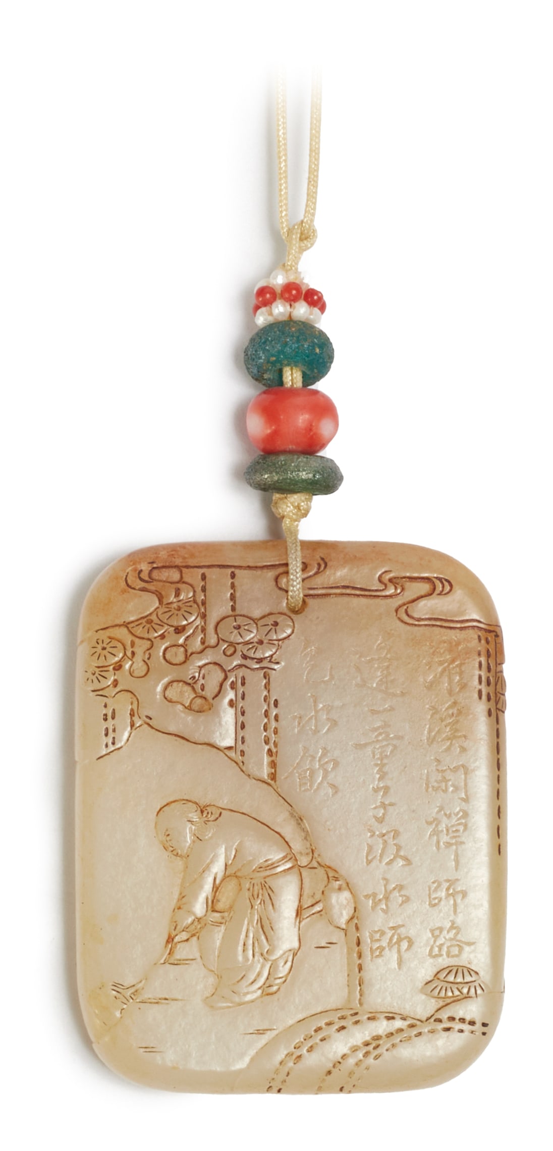 A WHITE JADE AND RUSSET PLAQUE INSCRIBED WITH POET AND FIGURES, QING DYNASTY (1 of 6)