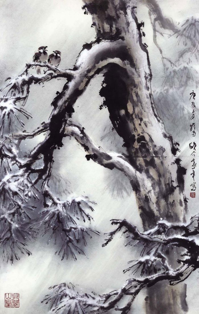 Ou Haonian, Sparrow Couple Perching On The Pine Tree (1 of 1)