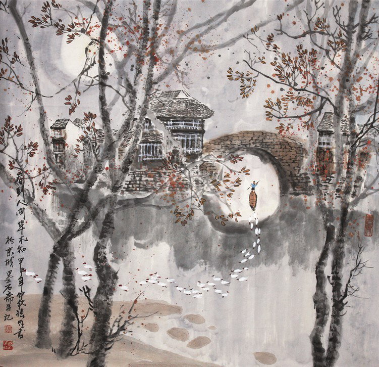 Chinese Painting Mirror Spring Charm: Author: Zhao Zhun Wang (born. 1945) Medium: Ink and color on paper; Mirror Size: 68×68cm