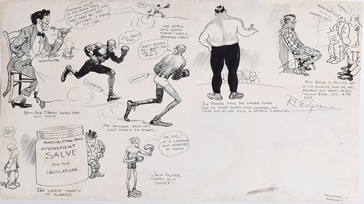 Jack Johnson Original period piece by Roger Edgren: Roger Edgren Illustration showing Boxers including Jack Johnson in different situations.In good condition , great piece. Robert Wadsworth Edgren (January 7, 1874 – September 9, 1939) was a nationall