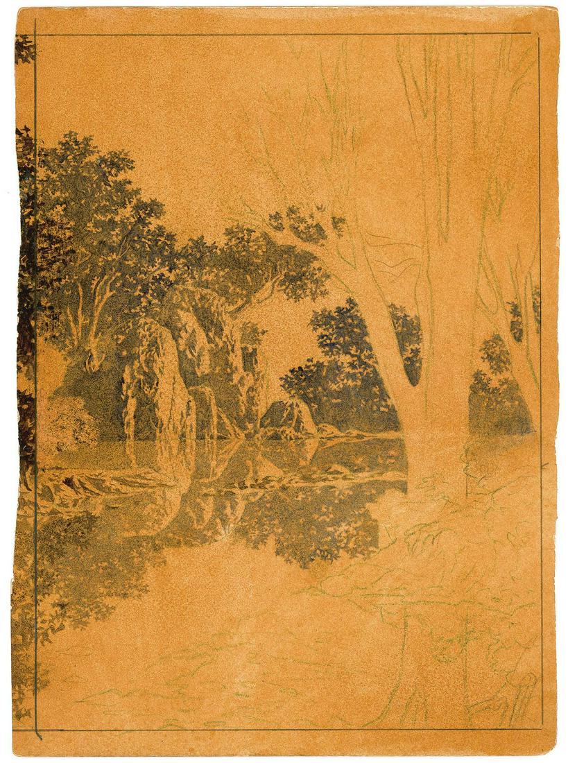 Maxfield Parrish: Original unsigned landscape study, mixed media, on a 10.25 x 14 off-white board. Parrish has drawn a still body of water, with trees in the foreground and and on the far shore, with the trees and rock