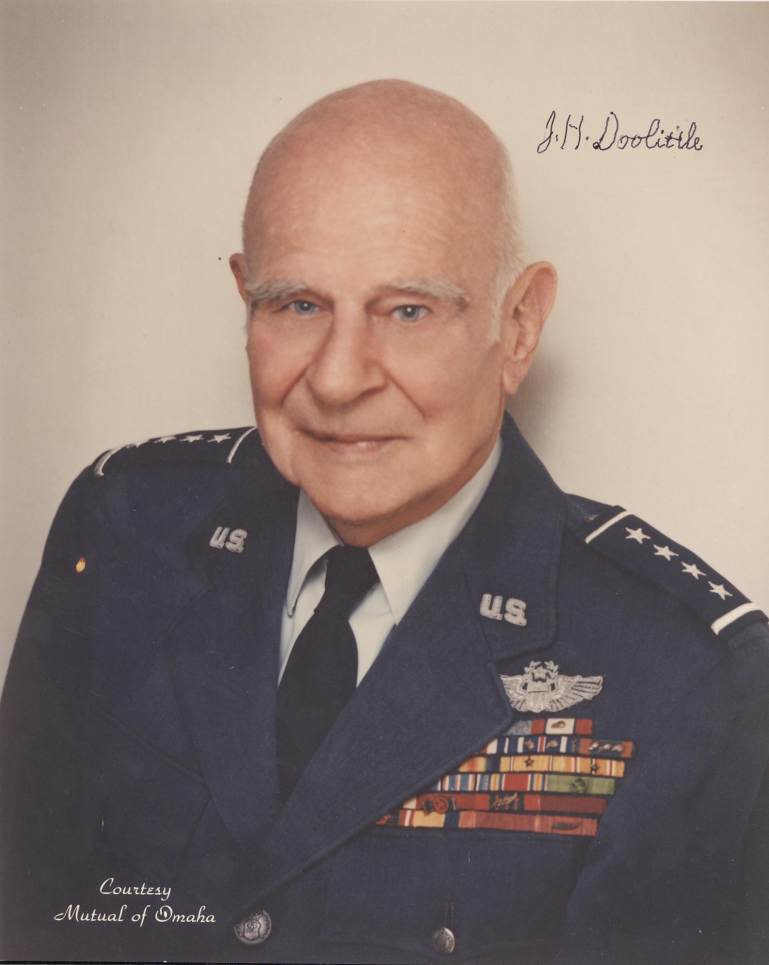 J.H. Dolittle & Robert Johnson: A fine signed photo by Doolittle signed in older age and a signed period index card "Major Bob Johnson 8th A.F." by the famous Air force Ace Robert Johnson. James Harold Doolittle (December 14, 1896 &