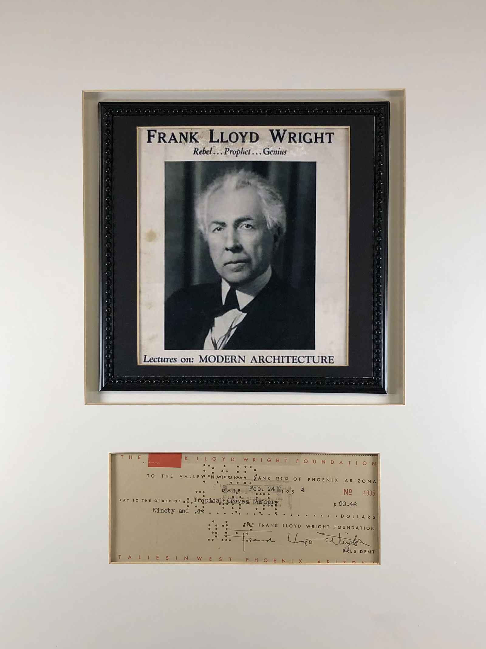 Frank Lloyd Wright: A beautiful Frank Lloyd Wright 3 1/2" by 8" check signed "Frank Lloyd Wright." The check is from the Frank Lloyd Wright Foundation and written out to the Tropical Groves Nursery for $ 90.46 on Februar
