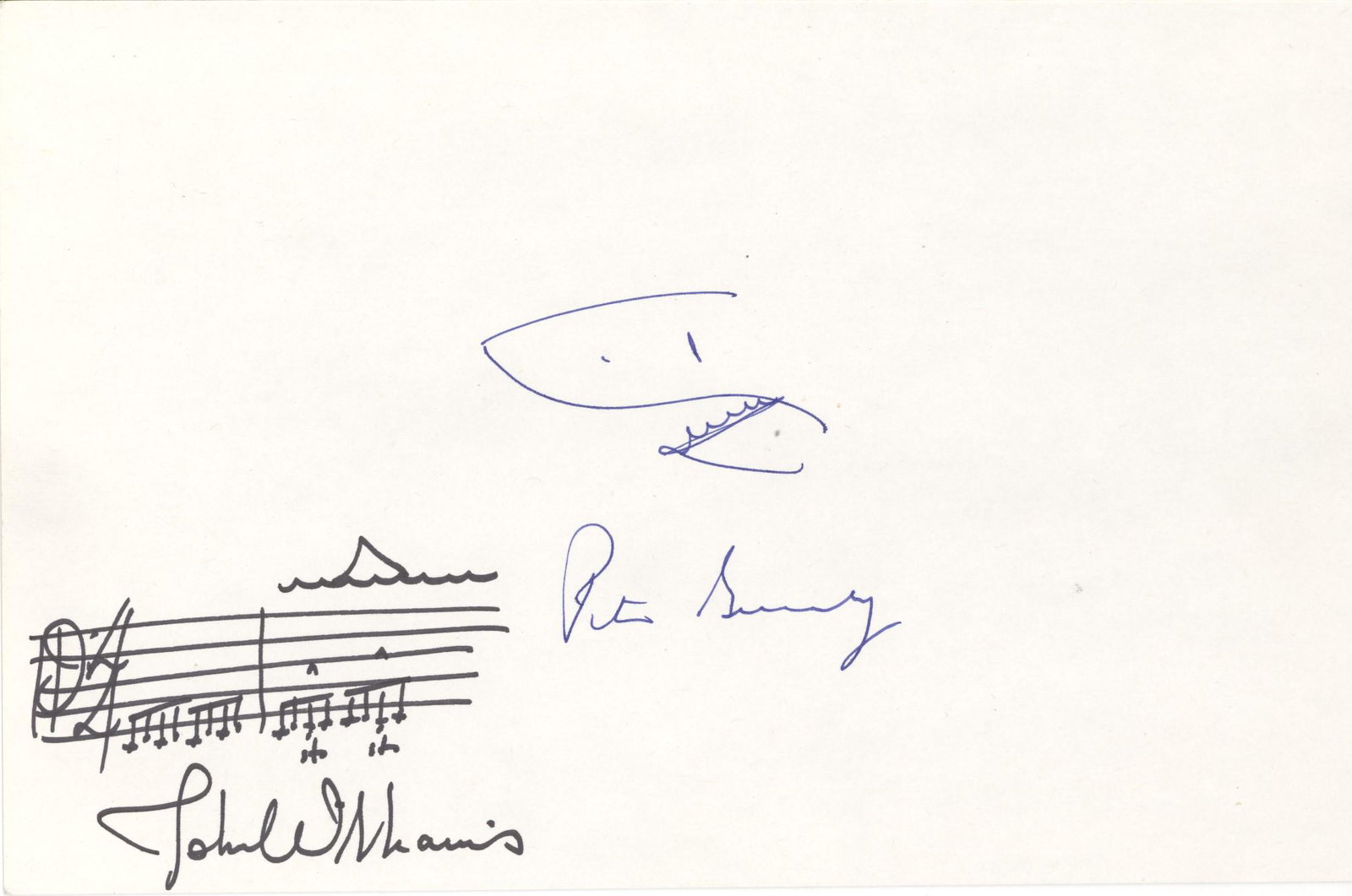 Jaws (Peter Benchley, John Williams): Fantastic original AMQS; signed in blue ink by Peter Benchley, who adds a sketch of a shark, and in black felt tip by John Williams, who adds two bars of music of the theme from Jaws. On cardboard sto
