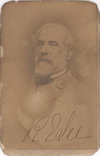 Signed CDV of Robert E. Lee: A CDV of Robert E. Lee, 2" x 3.25". Signed "R. E. Lee." Toning, staining, wear to edges but in otherwise fine condition. Robert E. Lee (January 19, 1807 â€“ October 12, 1870) was an American Conf