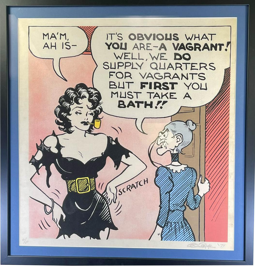 Vintage Al Capp Signed Art Scratch Comic Strip Cartoon Color Limited Edition: This is a fine Serigraph by the Comic book artist/illustrator Al Capp on Linen paper Ca. 1974. It is number 26 out of 250. The size of the art is 26"x27" and it is tastefully framed in a black frame.