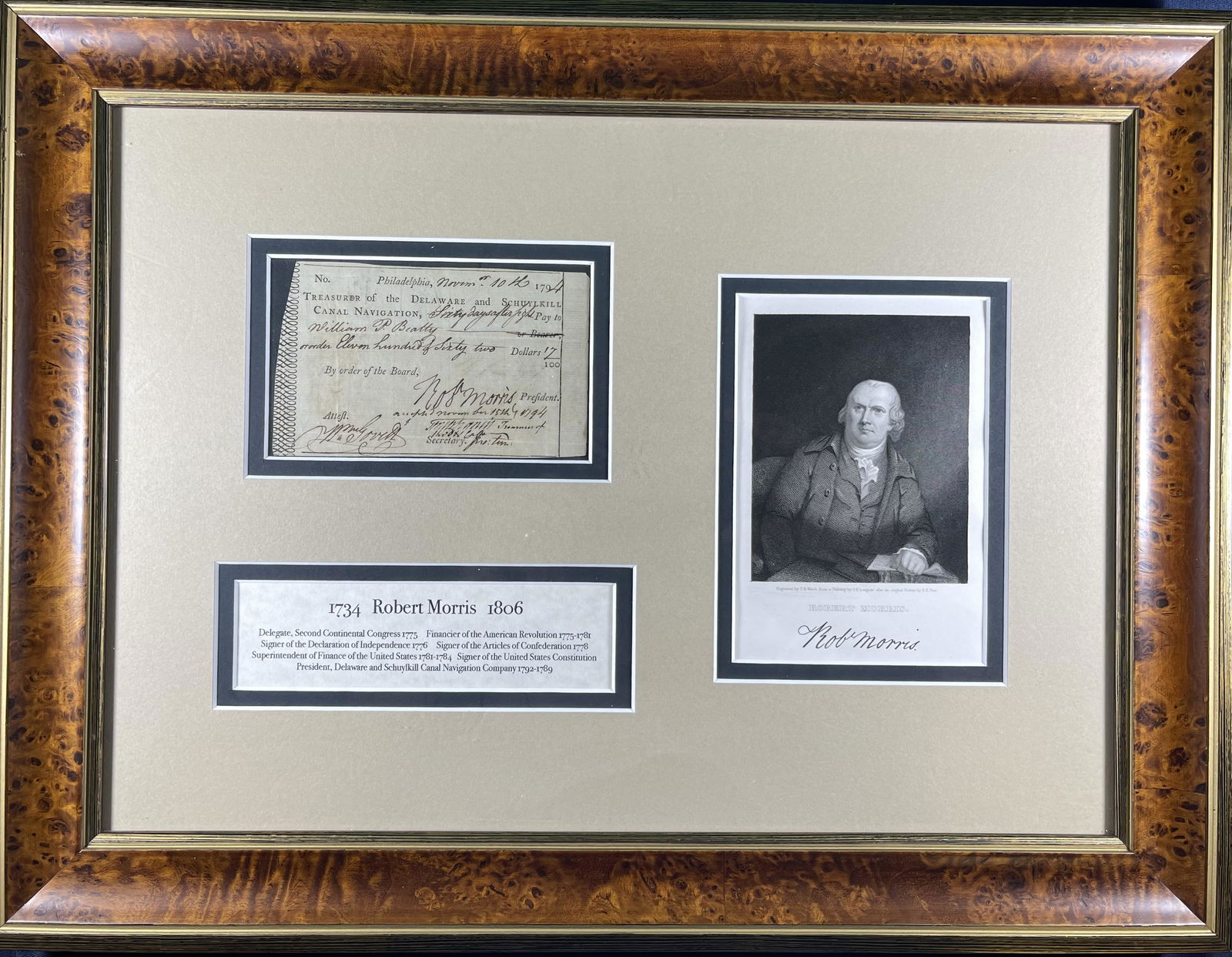 Robert Morris as treasurer of Delaware and Schuylkill canal navigation: Pay receipt from the Delaware and Schuylkill Canal Navigation Company. Philadelphia: November 10, 1794. Matted, framed and glazed; document 5 x 3.25 in. visible. Partially printed DS by Robert Morris