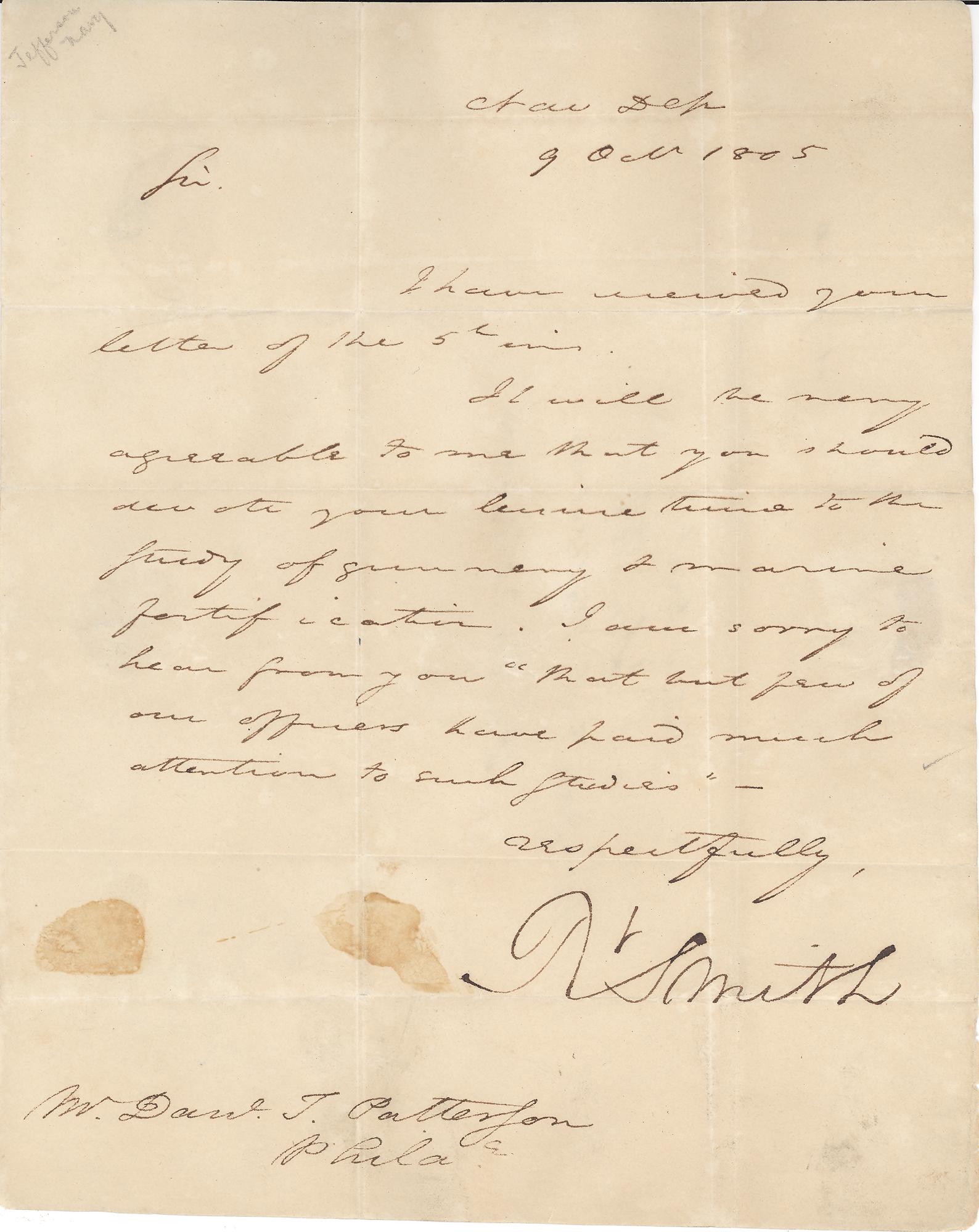 Robert Smith, 2nd Secretary of the Navy (1801 to 1809) Free Frank Letter Regarding Barbary Wars: Robert Smith Free frank, as Secretary of the Navy, under Thomas Jefferson, "Nav, Dept R Smith" on folded letter to "Daniel T. Patterson, Philadelphia," dated "Nav Dept. 9 Oct 1805. A Naval Secretary f