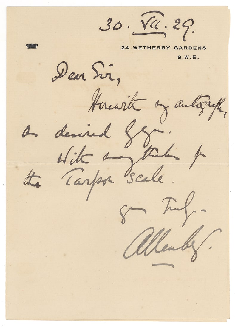 Edmund Allenby, 1st Viscount Allenby ALS: This ALS, dated July 30, 1929, is written from 24 Wetherby Gardens, London, and signed by Field Marshal Edmund Allenby, 1st Viscount Allenby (1861–1936), a prominent British soldier and dipl