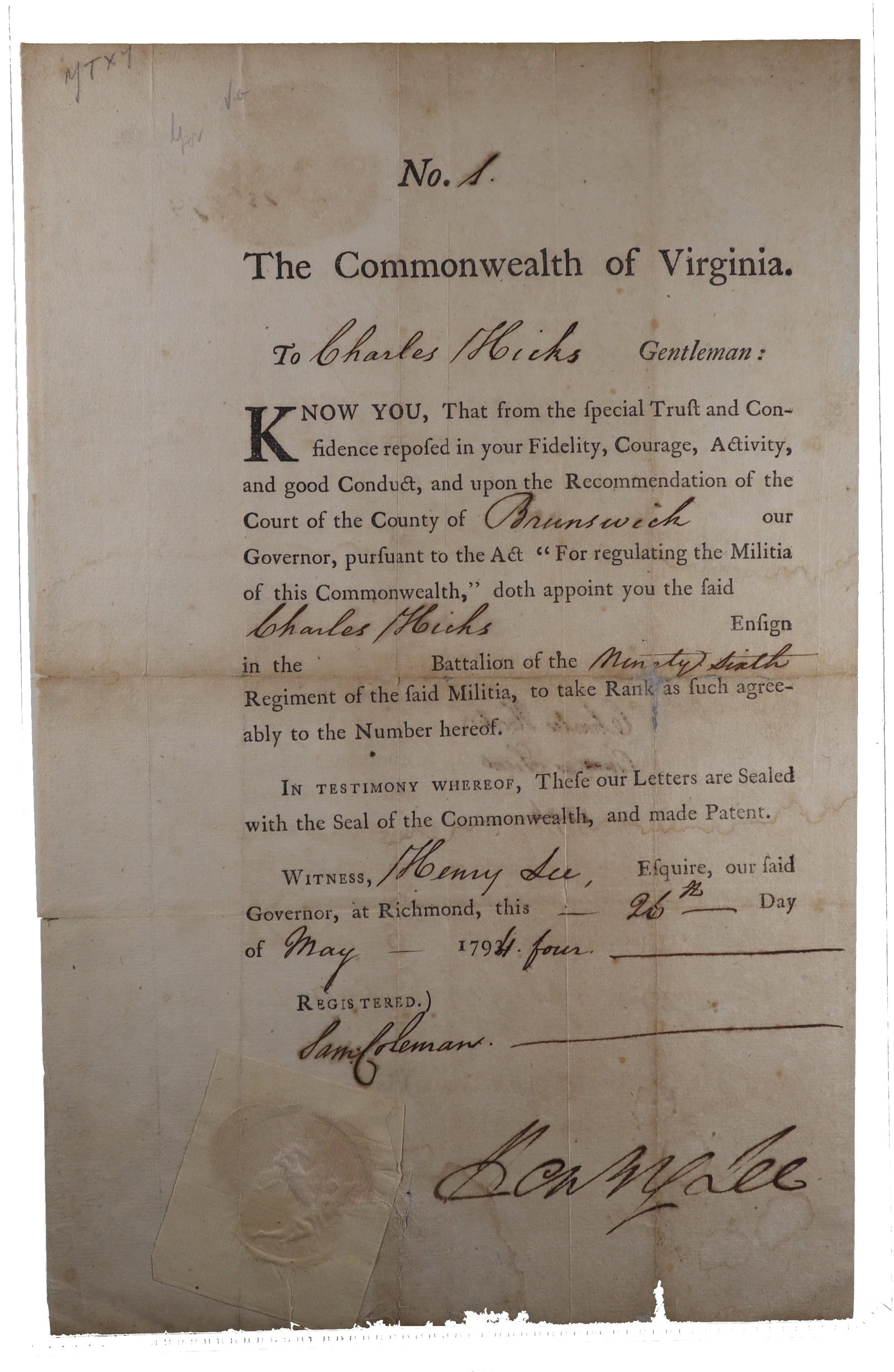 Henry 'Light Horse Harry' Lee Signed Virginia Militia Commission as Governor (1 of 2)