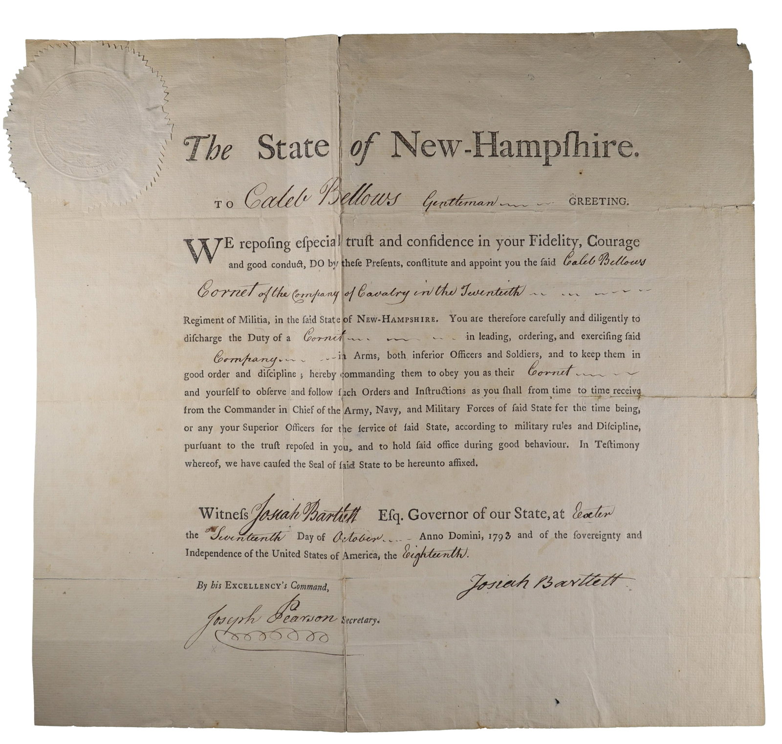 Josiah Bartlett Signed New Hampshire Militia Commission as Governor (1 of 1)