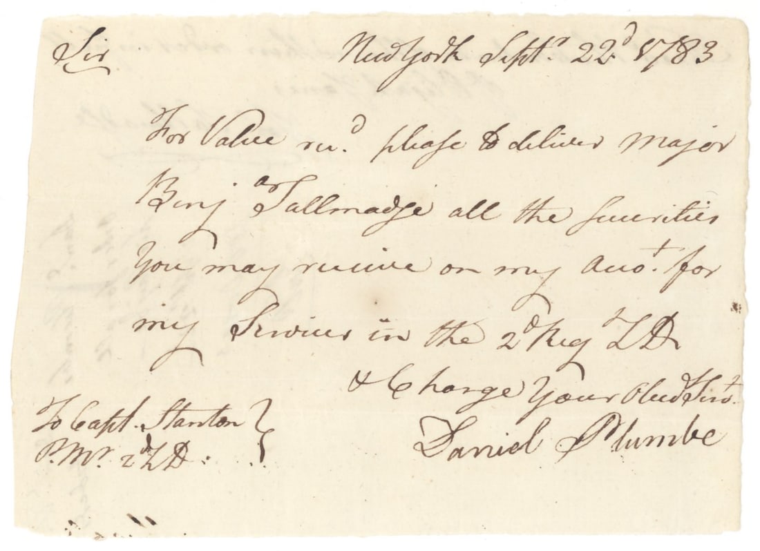 Benjamin Tallmadge Autograph Document Signed Washington's Spymaster (1 of 2)