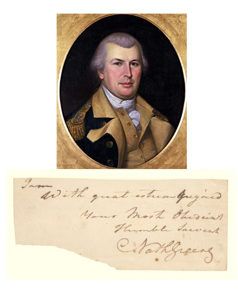 Nathaniel Greene Autograph Inscription and Signature: A clipped manuscript subscription and signature of Major General Nathaniel Greene (1742 to 1786), reading "I am With great esteem & regard Your most Obedient Humble Servant Nath Greene," in brown ink 