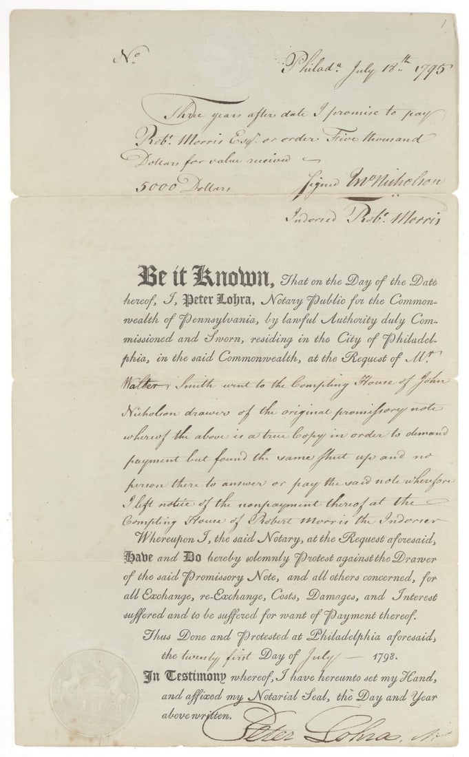 Robert Morris Signed Promissory Note for $5,000, Philadelphia, July 18 (1 of 3)