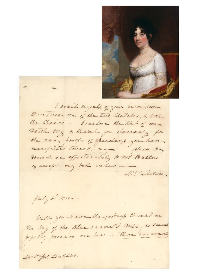 Dolley P. Madison Autograph Letter Signed to Dr. John Bullus, July 6, 1811 With Free Frank Wrapper: Dolley Payne Madison (1768 to 1849), celebrated First Lady and a notably admired women in early American history, wrote this autograph letter signed "D.P. Madison" to Dr. John Bullus, dated July 6, 18