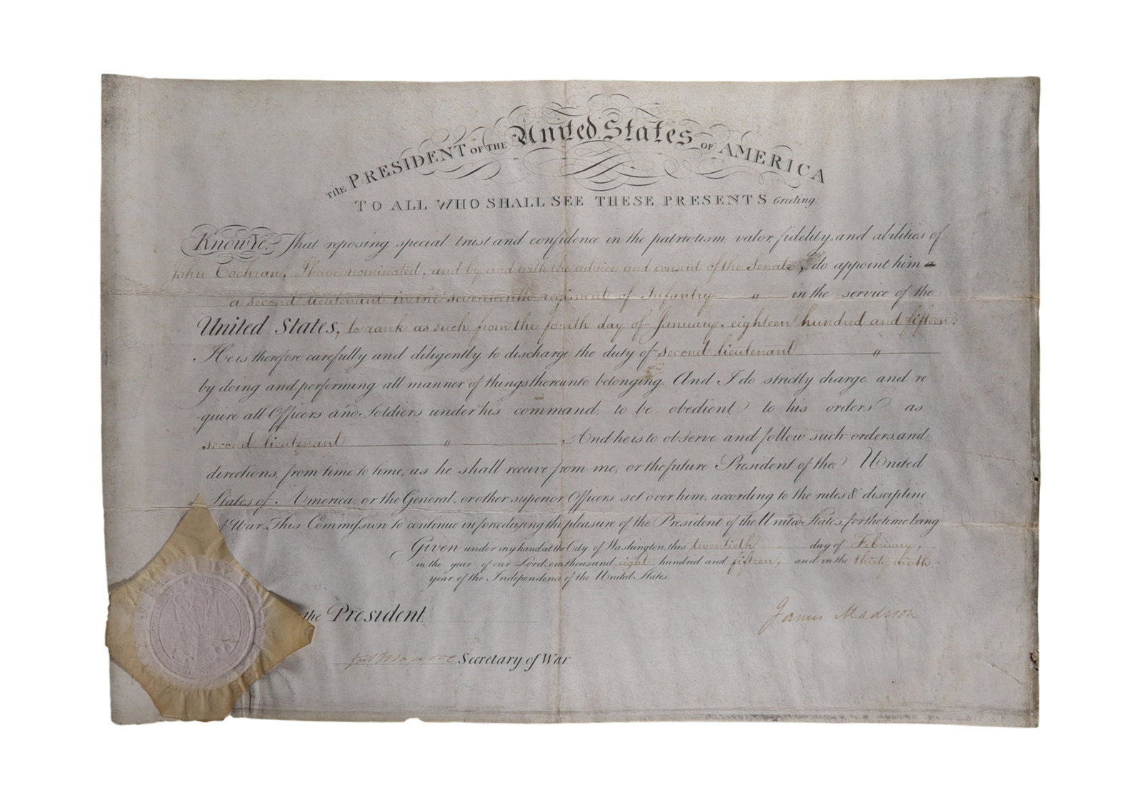 James Madison Document Signed Military Appointment of John Cochrane as Second Lieutenant (1 of 1)