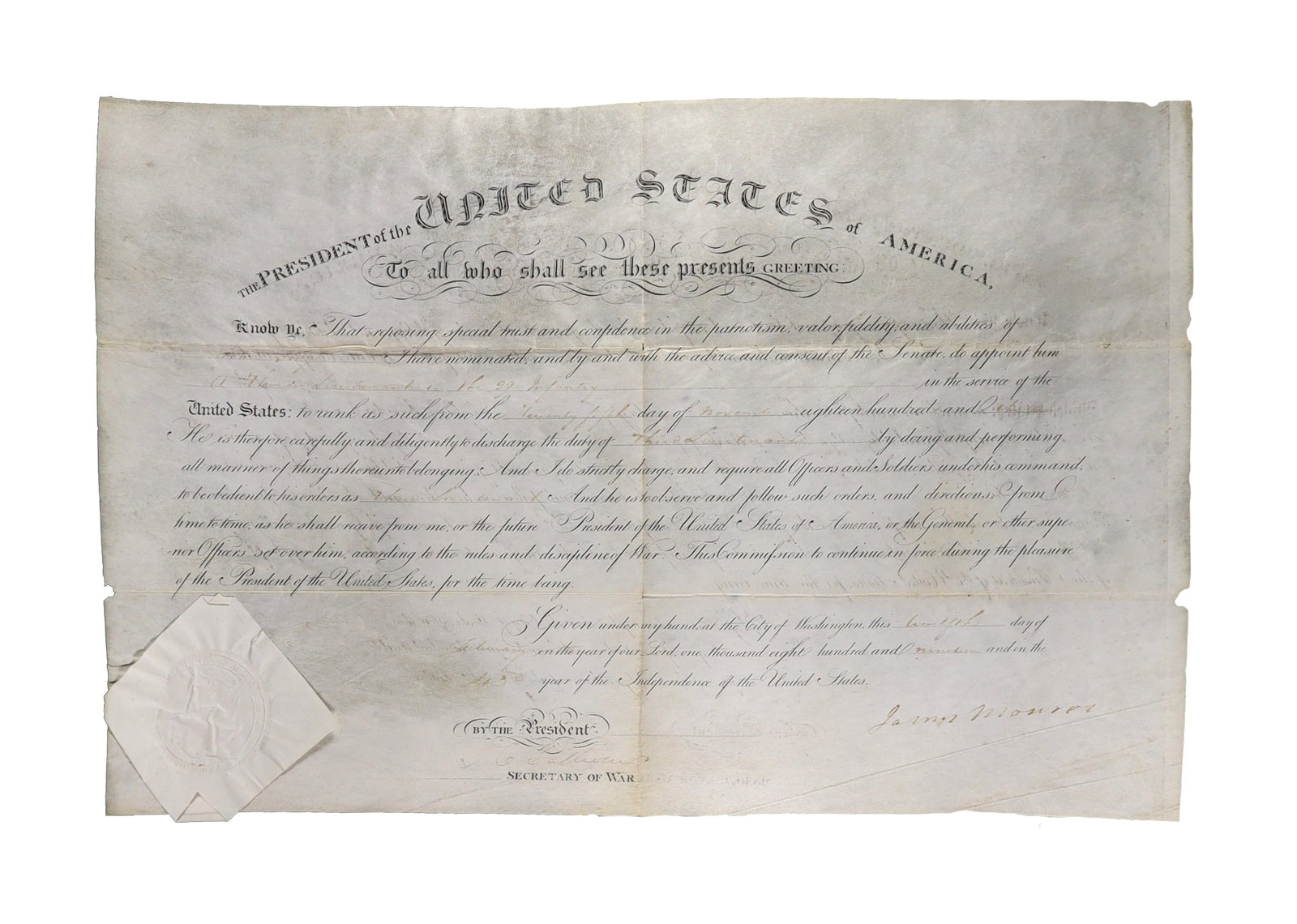 James Monroe Document Signed Military Appointment,As President (1 of 1)