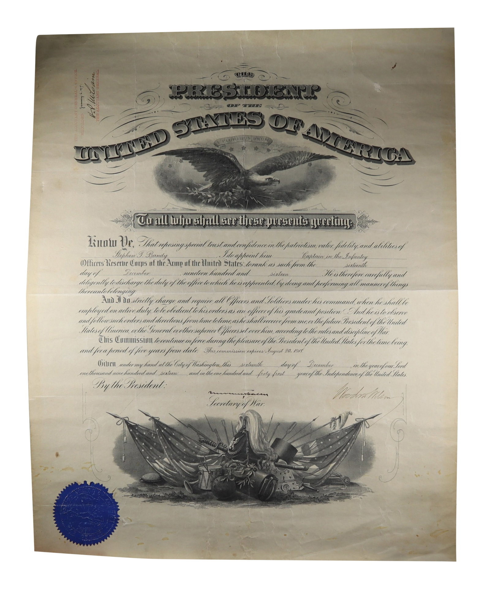 Woodrow Wilson Document Signed Military Appointment of Stephen J. Bandy as Captain (1 of 1)
