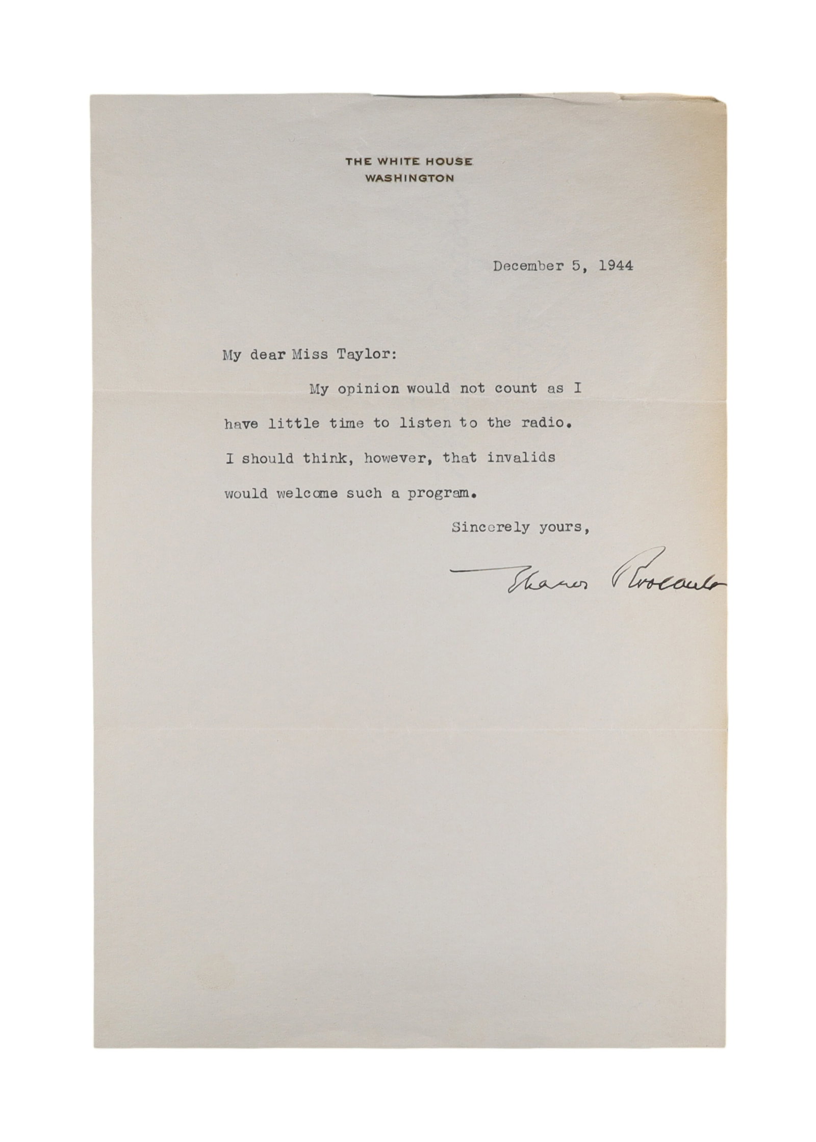 Eleanor Roosevelt Typed Letter Signed on White House Letterhead, December 5, 1944 (1 of 2)