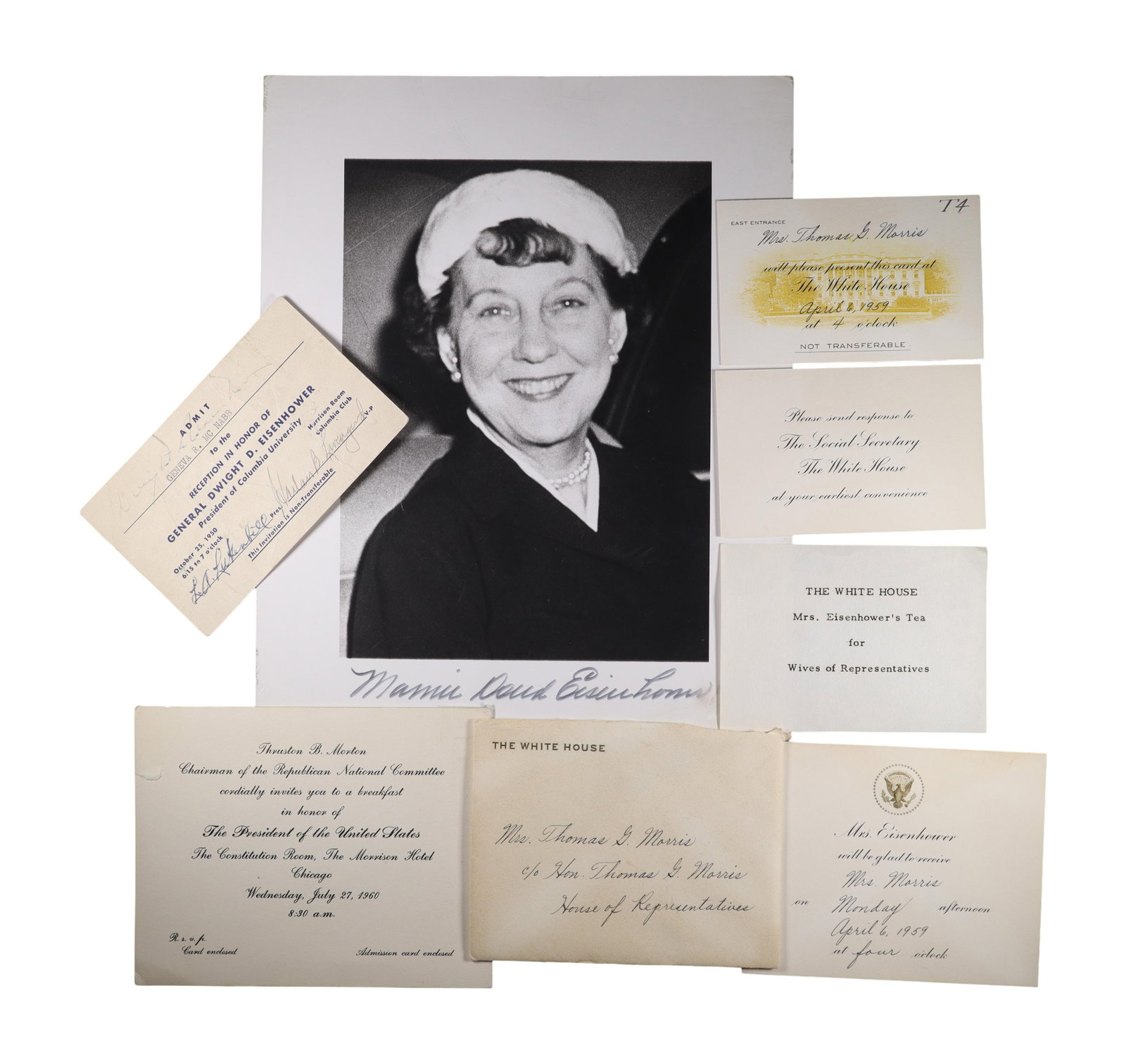 Mamie Doud Eisenhower Signed Photograph with White House Social Ephemera Group, 1950 1960: Mamie Doud Eisenhower (1896-1979) signed this black and white portrait in bold dark ink across the lower white border of the mount: "Mamie Doud Eisenhower. " The smiling portrait captures her in chara