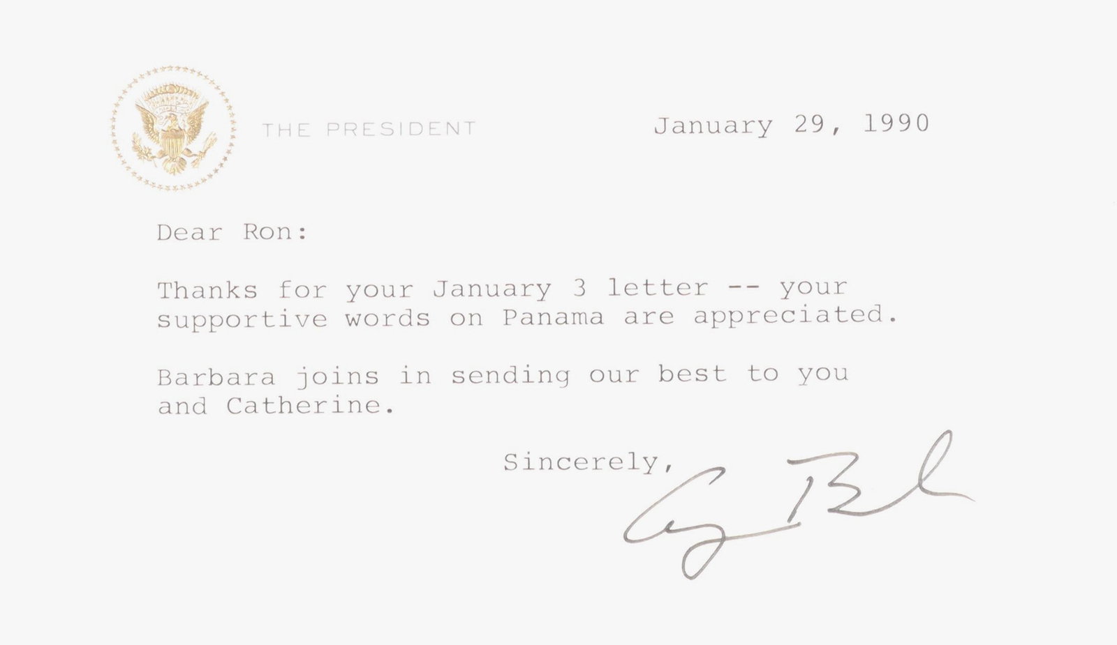 George H.W. Bush Typed Letter Signed as President on 'The President' Letterhead: A typed letter signed by President Bush on his personal "THE PRESIDENT" letterhead with the gold printed Presidential Seal, January 29, 1990. Full text: "Thanks for your January 3 letter, your support