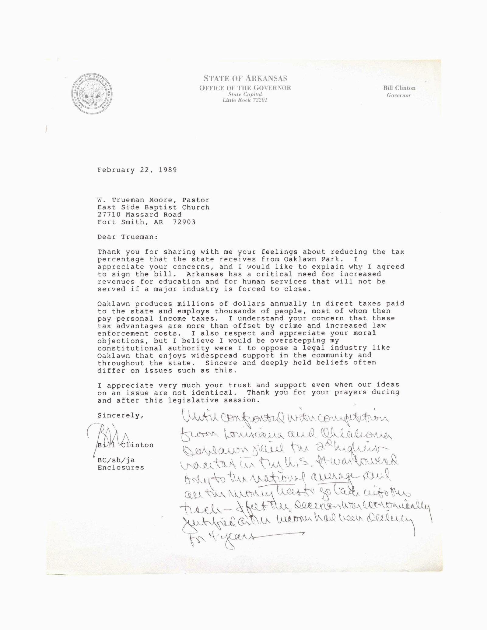 Bill Clinton Governor of Arkansas TLS with Handwritten Policy Addition to Baptist Pastor: A significant typed letter signed by Governor Clinton to Rev. W. Trueman Moore, Pastor, East Side Baptist Church, Fort Smith, Arkansas, February 22, 1989, defending his decision to sign a bill reducin