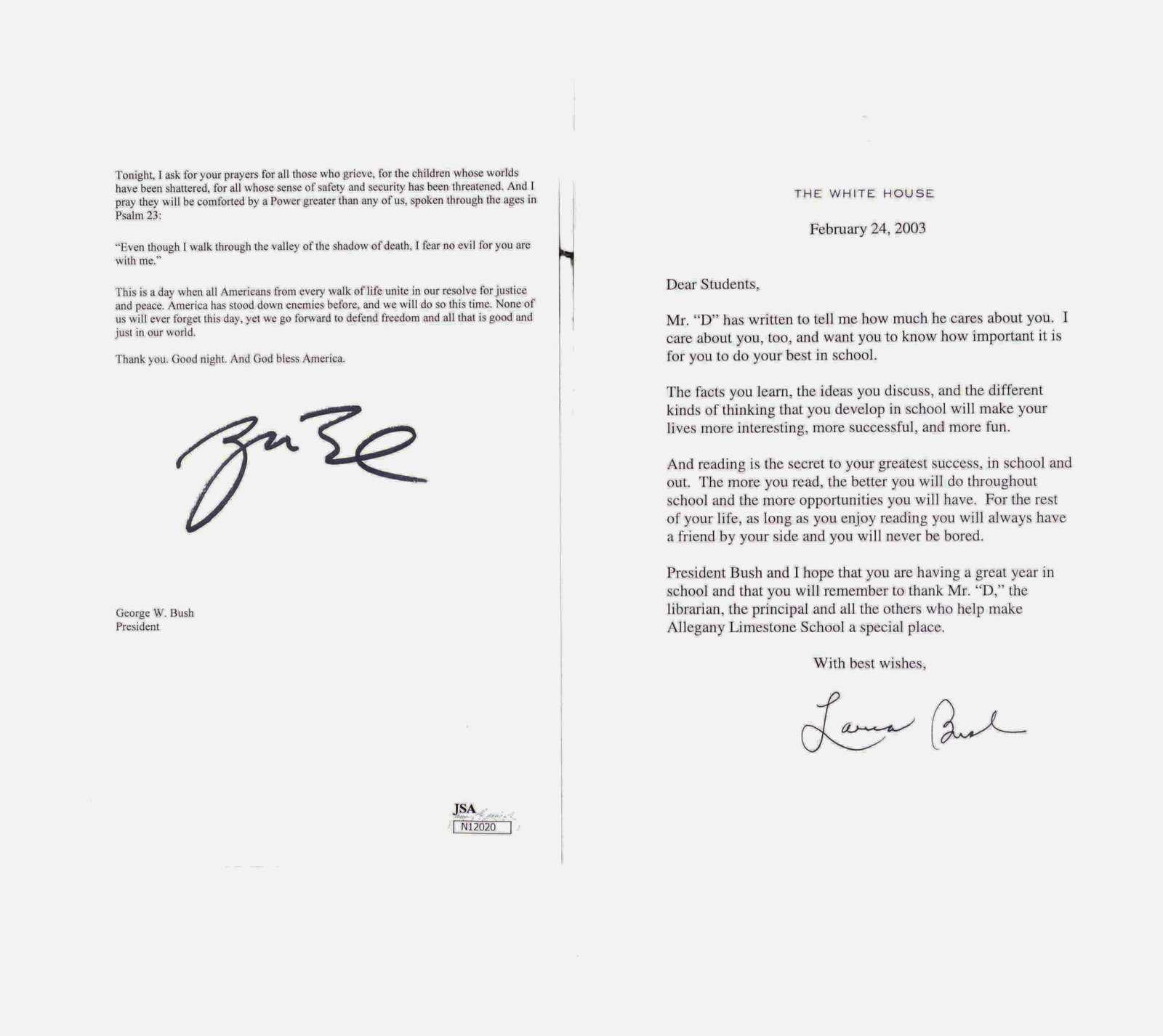 George W. Bush Three Piece Archive: Signed 9/11 Address, Laura Bush Signed Letter (1 of 2)