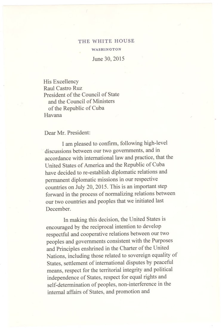 Barack Obama Historic Cuba TLS Souvenir, "re-establish diplomatic relations " (1 of 2)